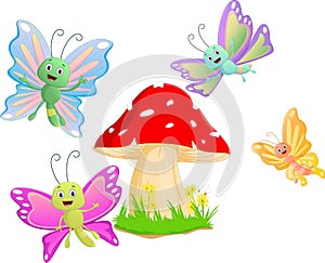 Cute butterfly cartoon with red mushroom