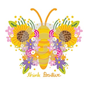 Cute butterfly flower wing cartoon hand drawn with text on white background.Think positive