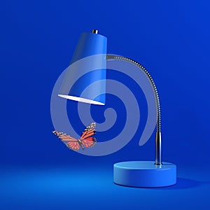 Cute Butterfly Under Blue Modern Desk Lamp. 3d Rendering