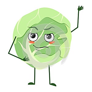 Cute cabbage character with emotions, face, arms and legs. The funny or proud, domineering hero, vegetable with eyes photo