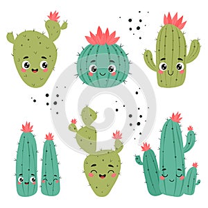 Cute cacti with happy face, cartoon vector collection