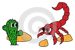 Cute cactus and angry scorpion in dessert. stock vector illustration