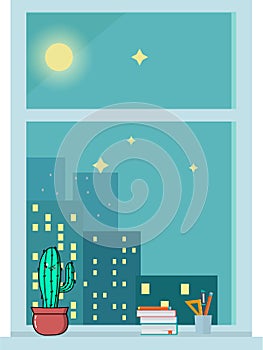 Cute cactus character and night city background.