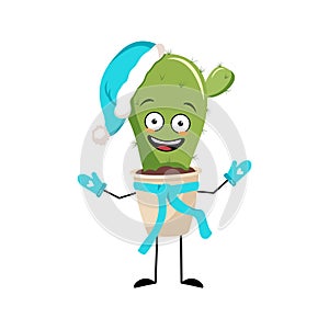 Cute cactus character in pot in Santa hat with happy emotion photo
