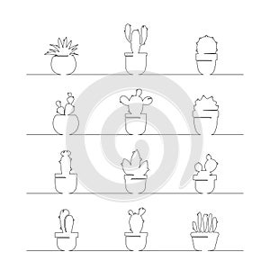 Cute cactus continuous one line drawing. Black and white home plants