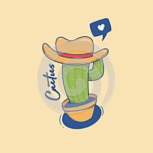 Cute cactus cowboy with cowboy hat in pot vector cartoon illustration