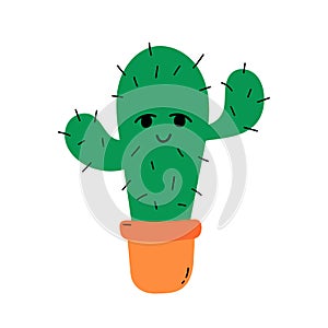 Cute cactus isolated vector illustration. Cheerful smiling cactus in pot doodle and flat design