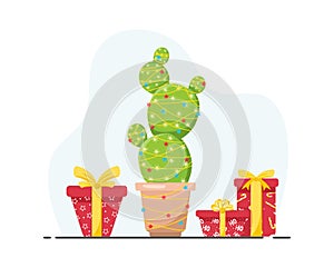 Cute cactus with new year garlands and gifts. Feliz navidad. Merry Christmas. Vector illustration in flat style. Design