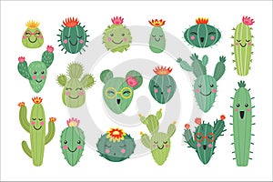 Cute cactus plants. Kawaii cacti flowers, happy face characters, summer thorn garden and houseplants. Prickly succulents