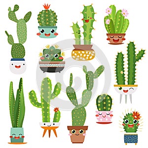Cute cactus pots. Happy face cartoon succulent cacti funny flower smile plant lovely friends, desert garden cactuses