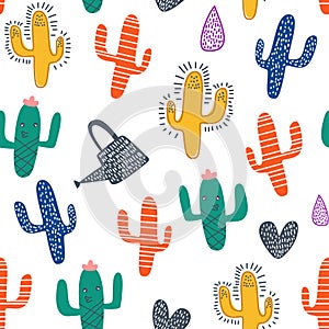 Cute cactus seamless pattern with colorful nursery background for fashion textile wrapping and print. Vector illustration hand