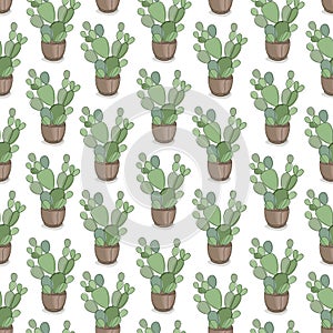 Cute cactus seamless pattern with hearts in green, pink and white colors. Vector funny nature background. Mexican design