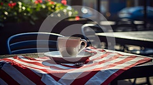 Cute cafe on a terrace in the city, outdoors with a glass of coffee or tea in the shape of an American flag.