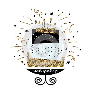 Cute cake with happy birthday wish. Modern greeting card template. Creative happy birthday background.