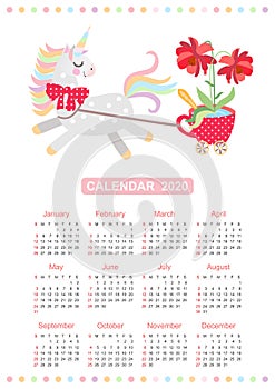 Cute calendar for 2020 year with small horse - unicorn harnessed to cart in the form of red cup on castors with beautiful flower
