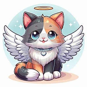 Cute calico cat angel with halo and necklace, seated