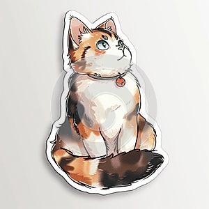 A cute calico cat sticker with a bell on its collar is sitting and looking up at something photo