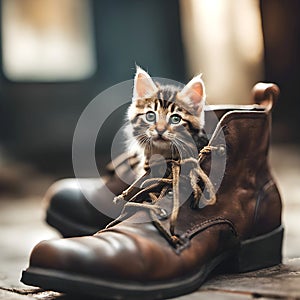 Cute Calico Kitten In An Old Boot