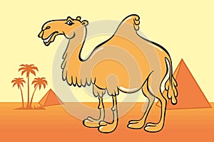 Cute camel cartoon on the background of desert, Egyptian pyramids and palm trees.