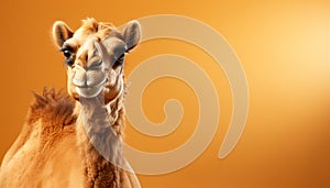 Cute camel smiling, looking at camera in African sunset generated by AI