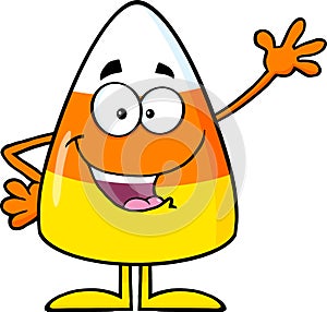 Cute Candy Corn Cartoon Character Waving. Vector Illustration