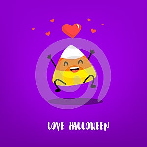 Cute candy corn jumps with hearts on violet background.