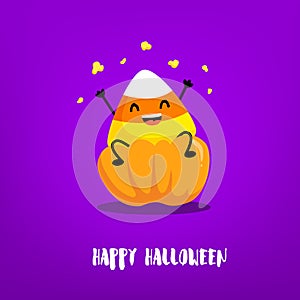 Cute candy corn with pumpkin on violet background. Flat style. Vector Halloween card