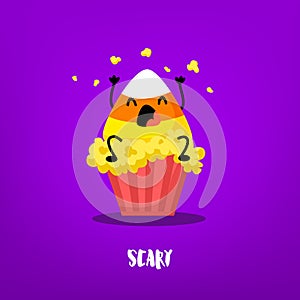 Cute candy corn sits on a bucket with popcorn on violet background.