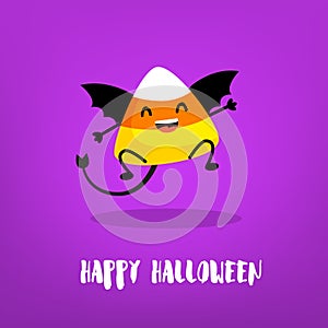 Cute candy corn with wings and devil tail on violet background. Flat style. Happy Halloween card. Vector