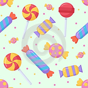 Cute candy and lolipop seamless pattern on a light background. photo