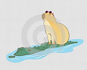 Cute Capibara over a crocodile wearing sunglases