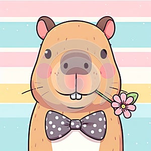 Cute capybara with butterfly holds flower in his hand on light background