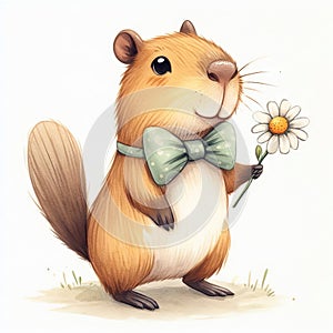 Cute capybara with butterfly holds flower in his hand on light background