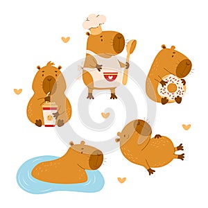 Cute Capybara character collection. Cook with spoon, with coffee and donut, in water and sleeping animal. Isolated funny