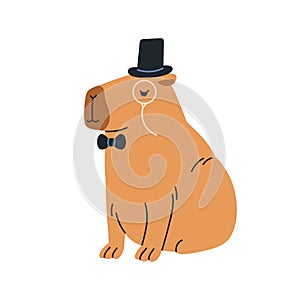 Cute capybara, gentleman animal. Funny capibara character in 19th century hat, bow tie. Adorable noble elegant capy