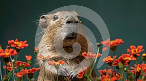 cute capybara among red flowers on a dark green background, banner