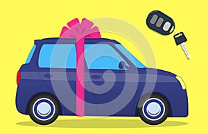 Cute car with a bow. Key with the thumb. Car as a gift. Vector illustration.