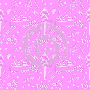 Cute Car and hearts Pink Doodle Seamless Pattern