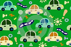 Cute car seamless pattern. Kids hand drawn automobile on green background. Doodle boy transport endless wallpaper