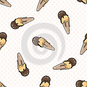 Cute caramel ice cream cartoon seamless vector pattern. Hand drawn melting summer treat. Yummy cold gelato dessert all