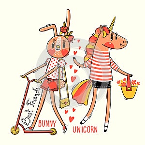 Cute card with best friends. Baby bunny and rainbow unicorn in fashionable clothes. Kawaii animal. Can be used for t