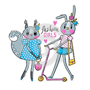 Cute card with best friends. Baby bunny and squirrel in fashionable clothes. Kawaii animal. Can be used for t-shirt