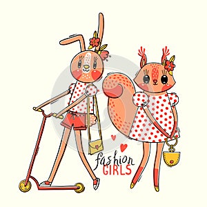 Cute card with best friends. Baby bunny and squirrel in fashionable clothes. Kawaii animal. Can be used for t-shirt