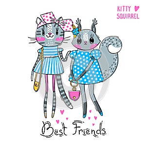 Cute card with best friends. Fashion girls. Baby kitten and squirrel in fashionable clothes. Can be used for t-shirt
