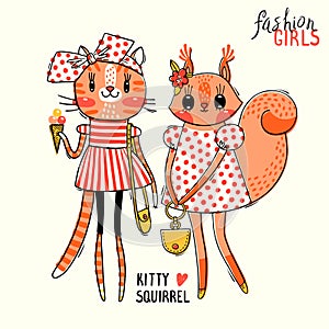 Cute card with best friends. Fashion girls. Baby kitten and squirrel in fashionable clothes. Can be used for t-shirt