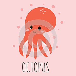 Cute card with cartoon octopus, vector illustration