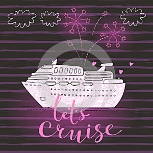 Cute card with a cruise ship and fireworks. Concept for honeymoon trip, vacation, journey, travel. Vector illustration