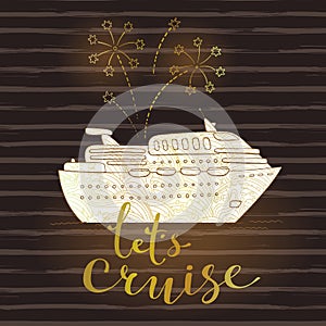 Cute card with a cruise ship and fireworks. Concept for honeymoon trip, vacation, journey, travel. Vector illustration