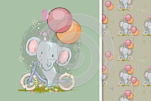 cute card with cute elephant and seamless pattern