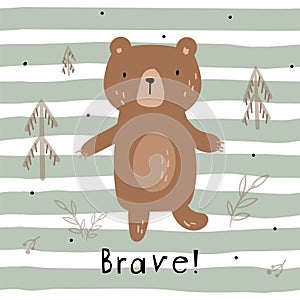 Cute card with hand drawn bear. Baby Shower invite design. Cartoon flat vector illustration